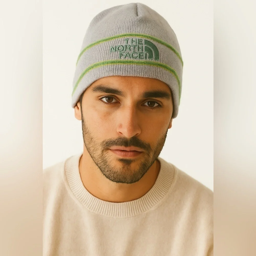 The North Face Gray Green Knit Fleece Lined Beanie Hat Toboggan